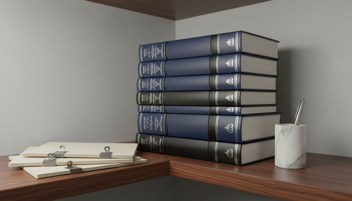 An impeccable set of stacked, hardcover legal volumes with silver-embossed spines resting on a finely grained, walnut bookshelf. Surrounding the books are meticulously placed legal documents held by metal clips and a single, neatly arranged marble pen holder. The scene is a dedicated office corner defined by clean lines and structured surfaces, with a pale-gray wall as the backdrop. Soft, diffused studio lighting bathes the objects, producing subtle reflections on the book spines and pen holder and casting orderly, quiet shadows. The overall feeling is one of trustworthiness and refined professionalism. Captured from a slightly elevated, three-quarter angle with a careful, rule-of-thirds composition, the image projects a visually structured, minimalist corporate mood in photographic realism, supporting confident legal representation.